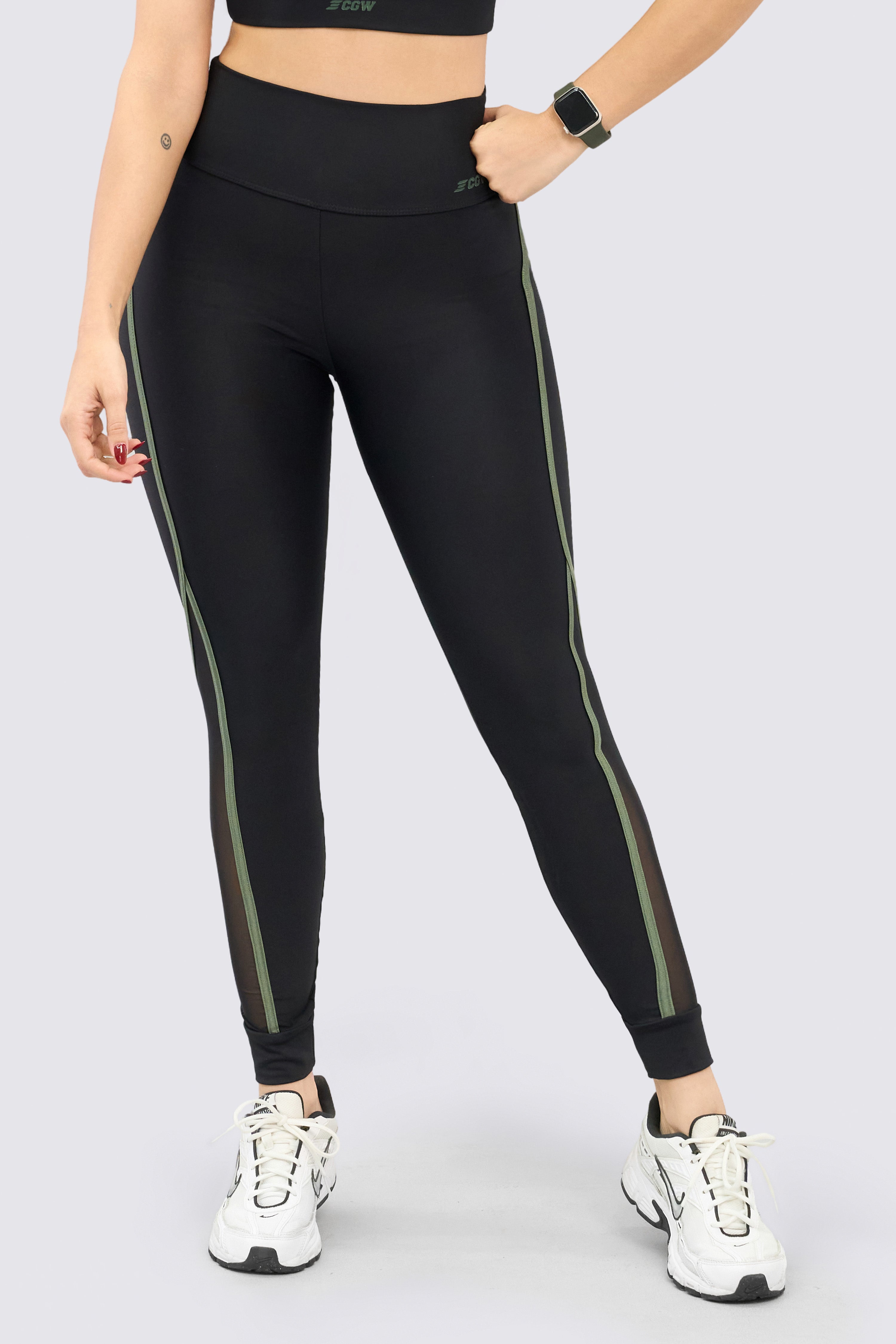 CGW Black & Green Mesh Leggings – High-Waisted Performance Fit