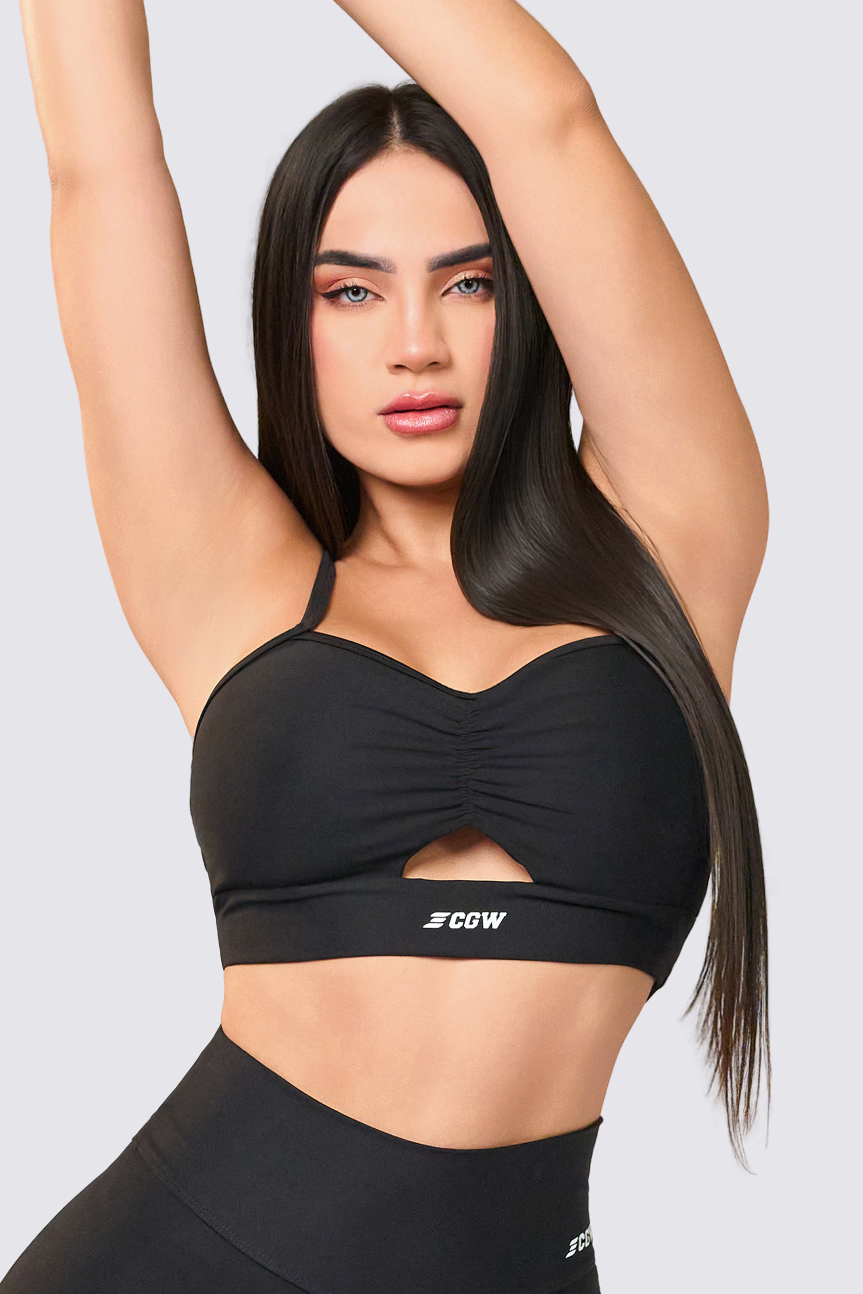 CGW Black Ruched Front Sports Bra – Sleek Support & Style