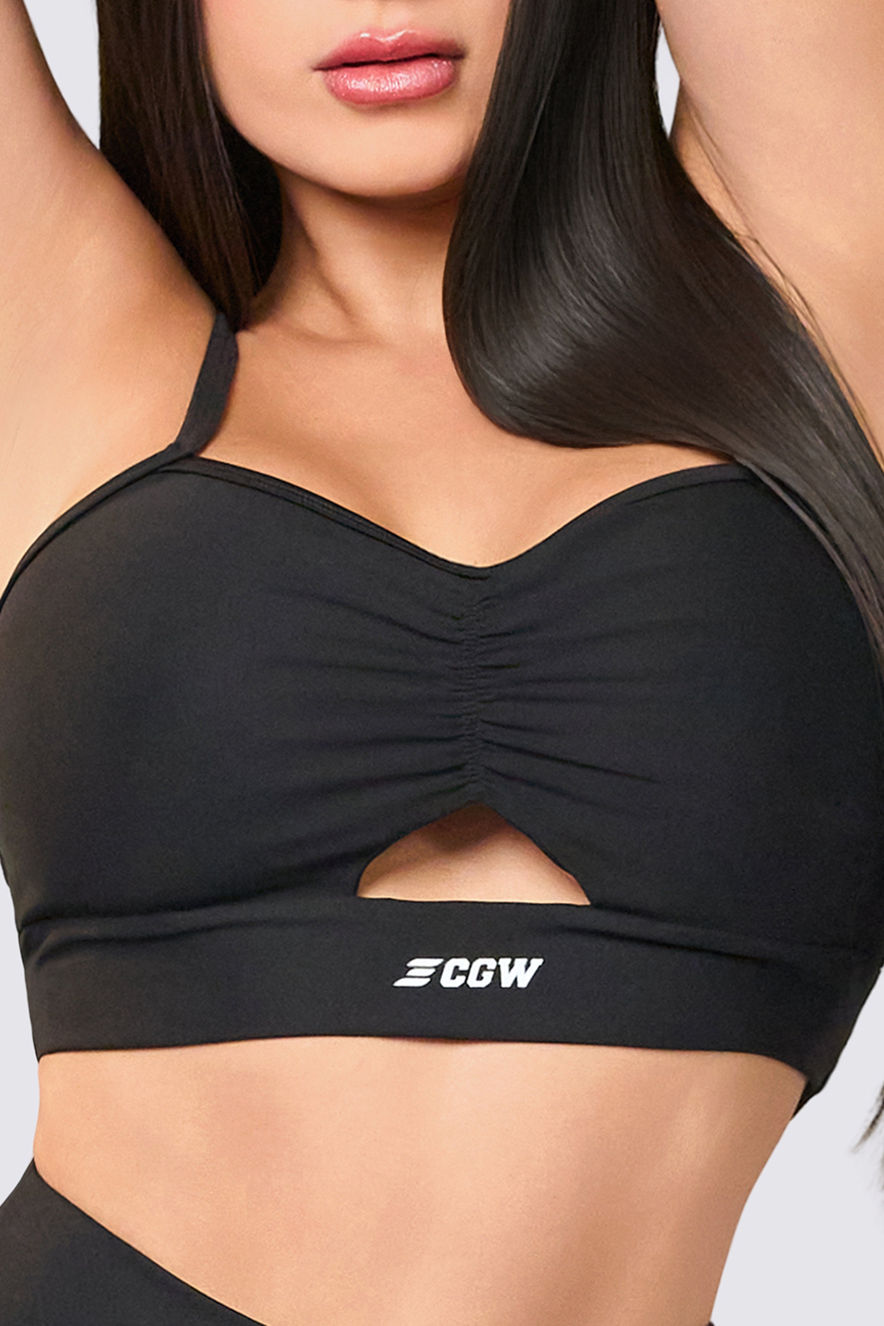 CGW Black Ruched Front Sports Bra – Sleek Support & Style
