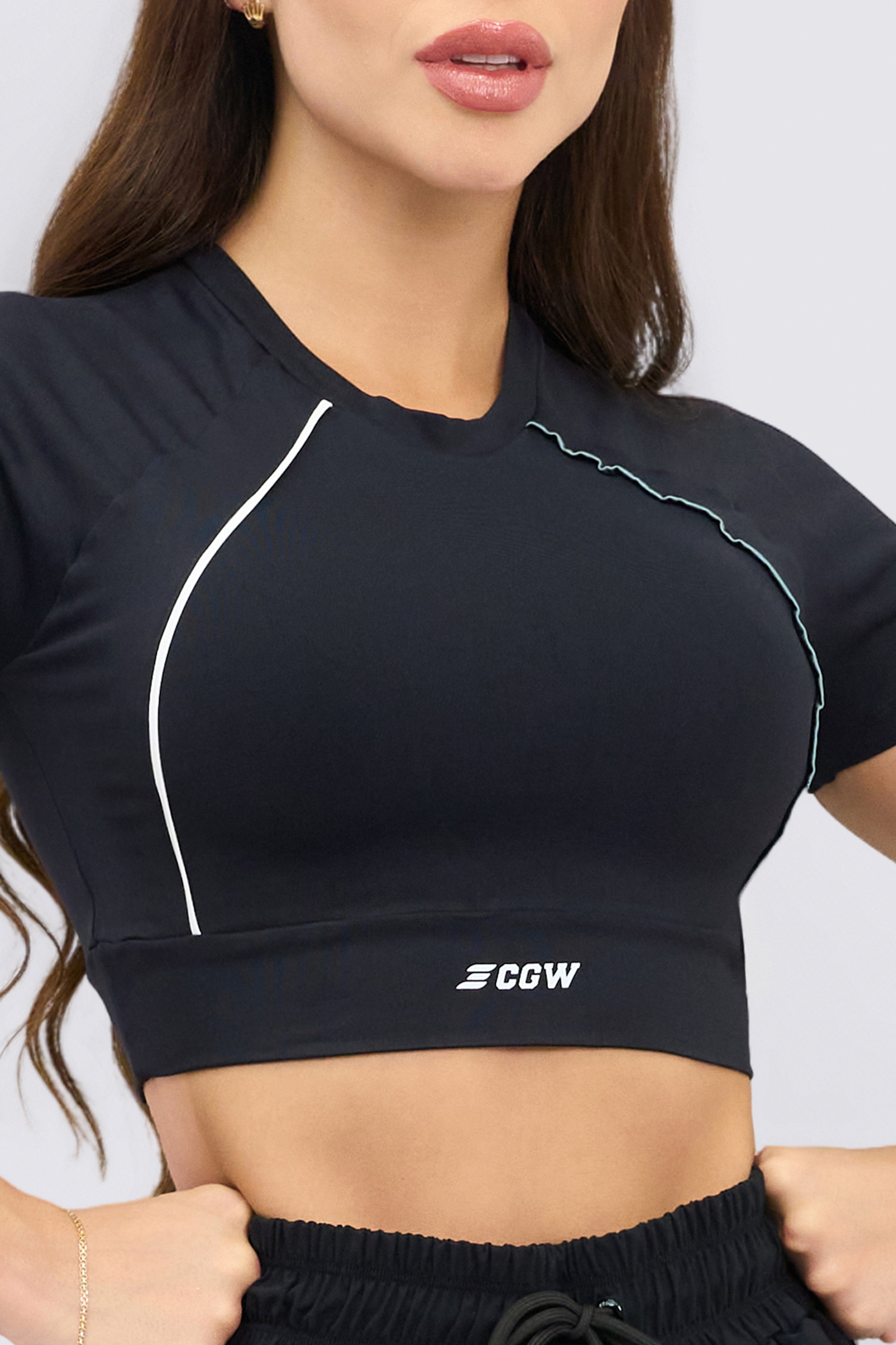 CGW Black Sports Crop Top with Contrast Stitching