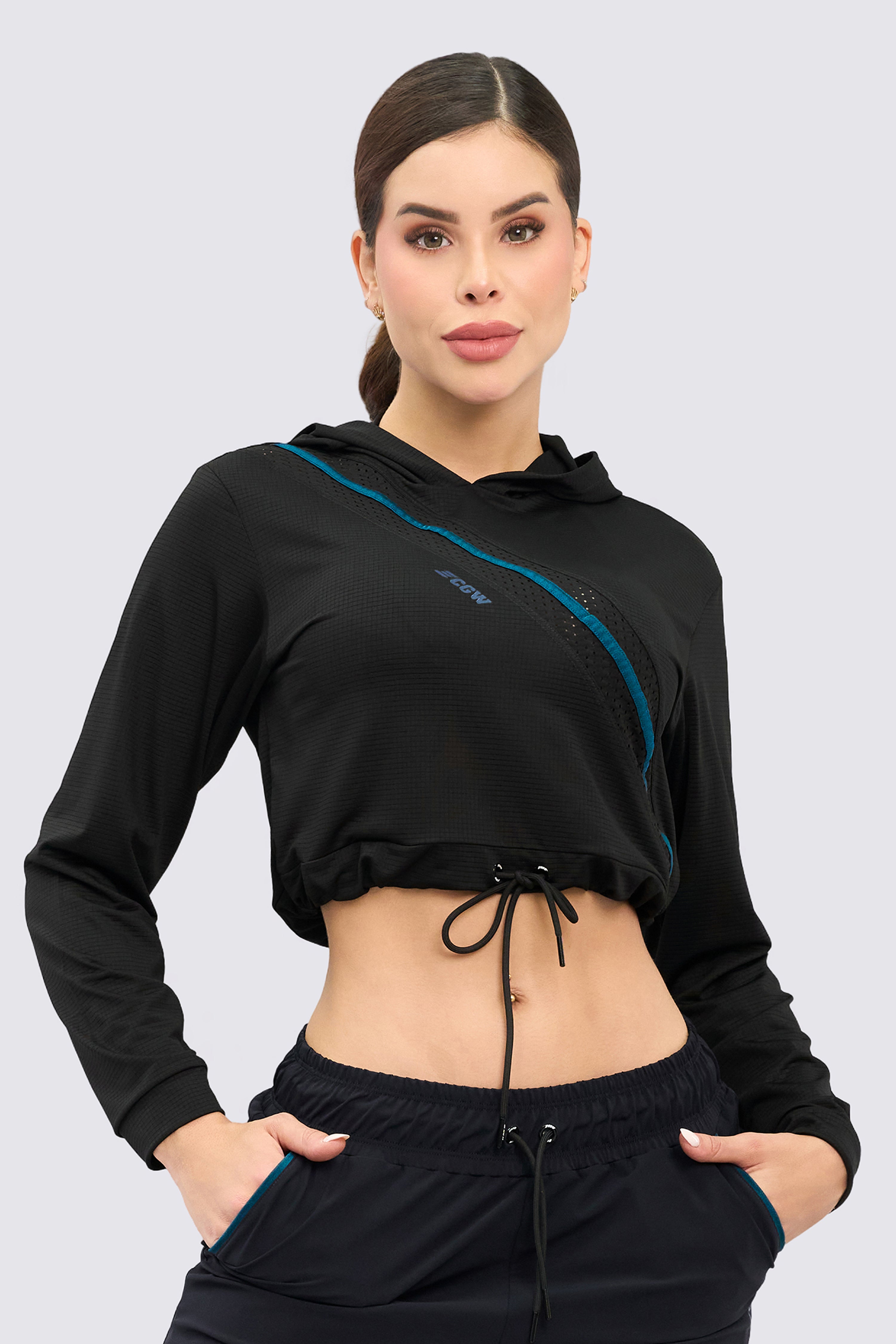 Black sports sweatshirt with drawstring waist and hood.