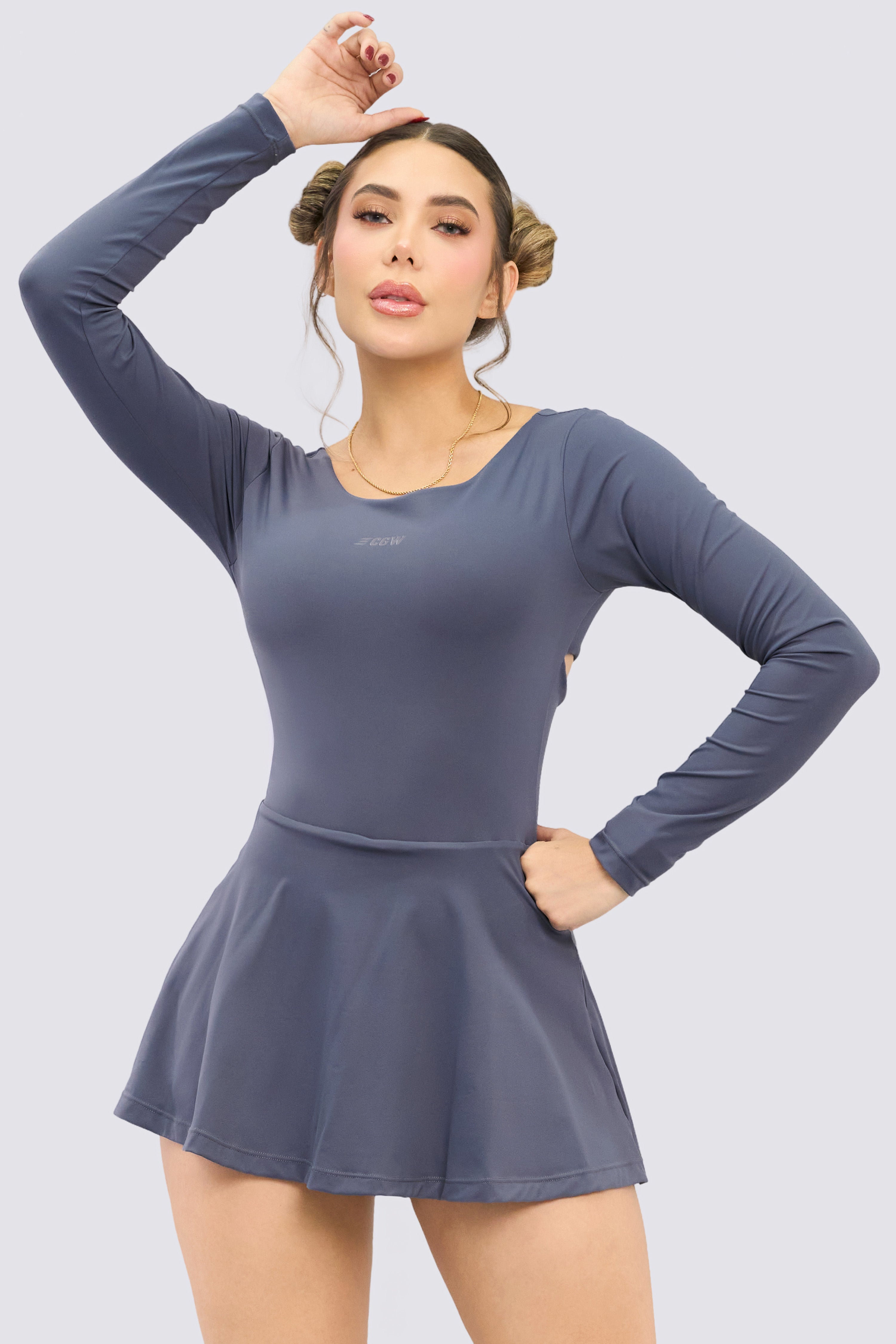 Gray sports dress with long sleeves and built-in shorts.