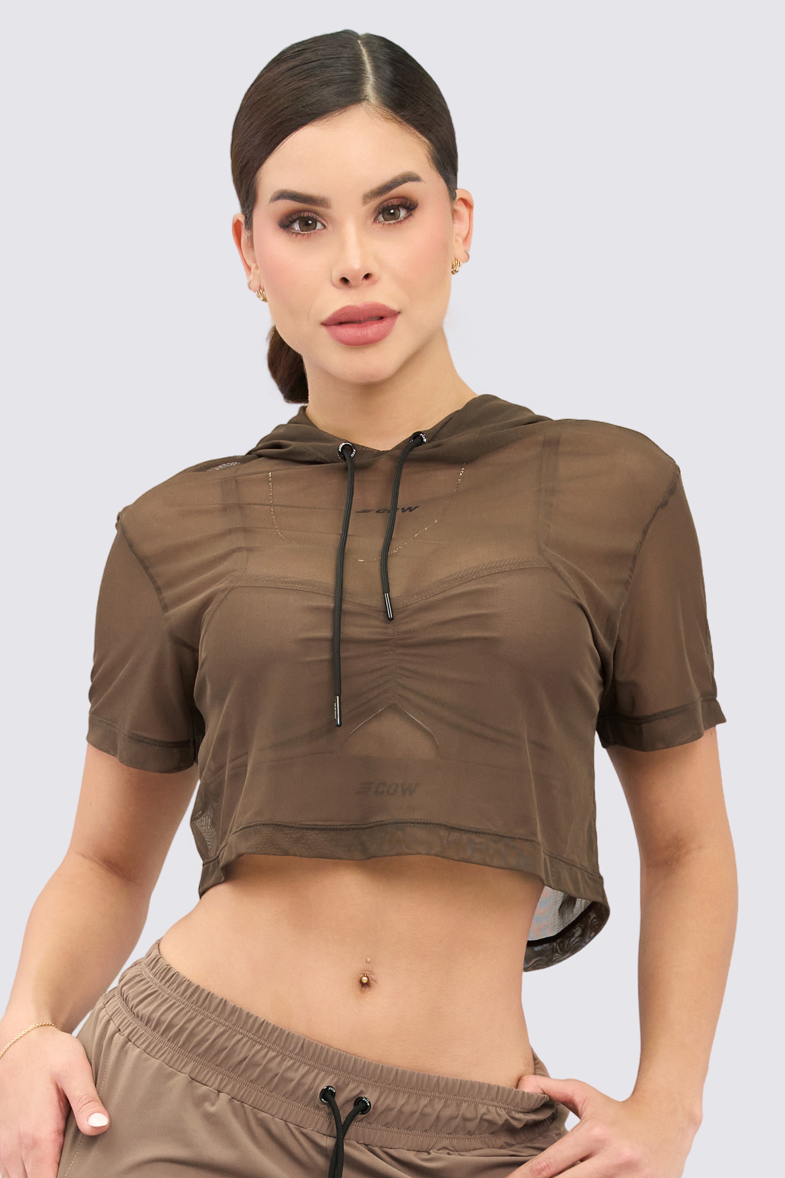 Mocha-colored hoodie with adjustable hood.