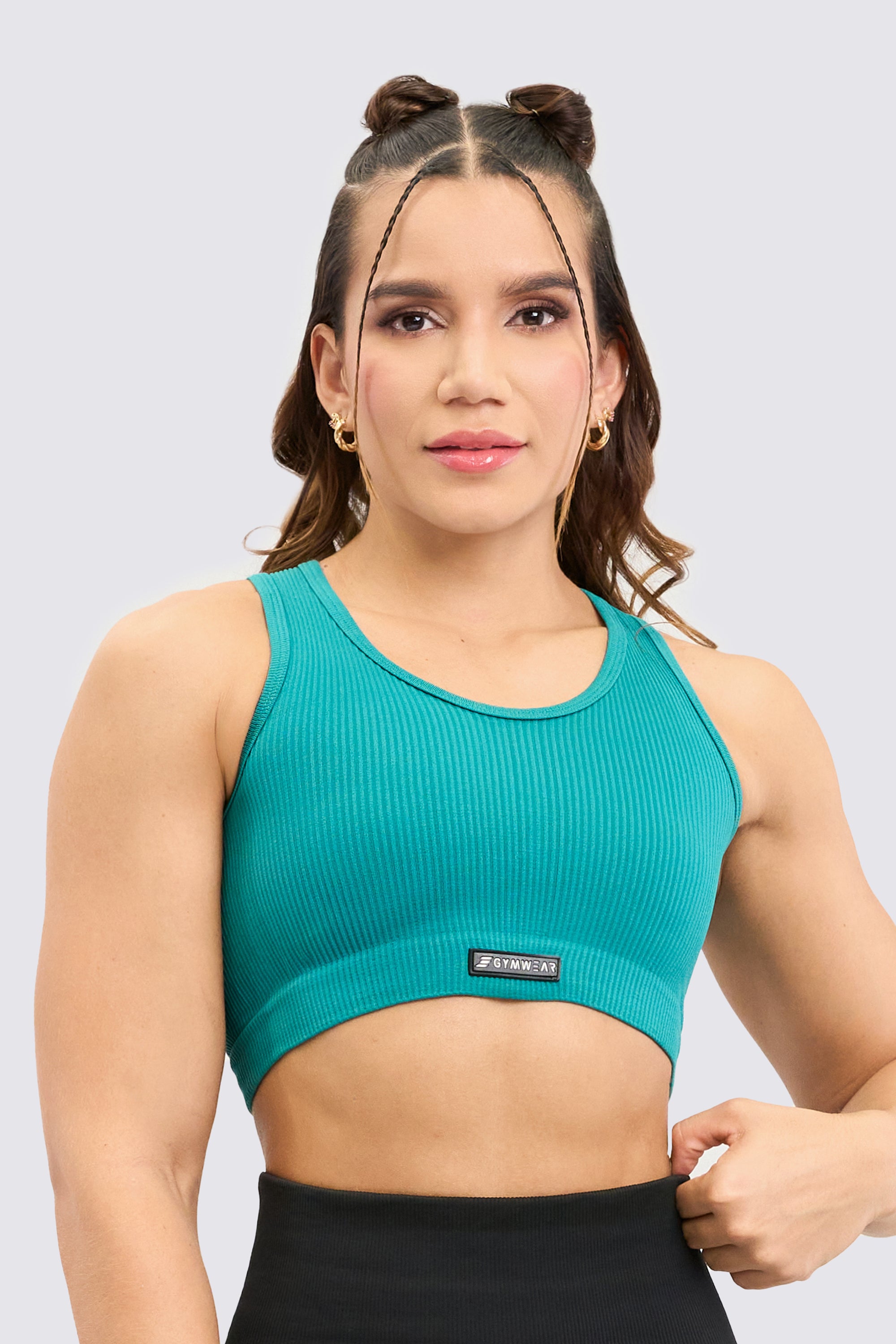 Jade green seamless top with siliconized logo, soft and high elongation.