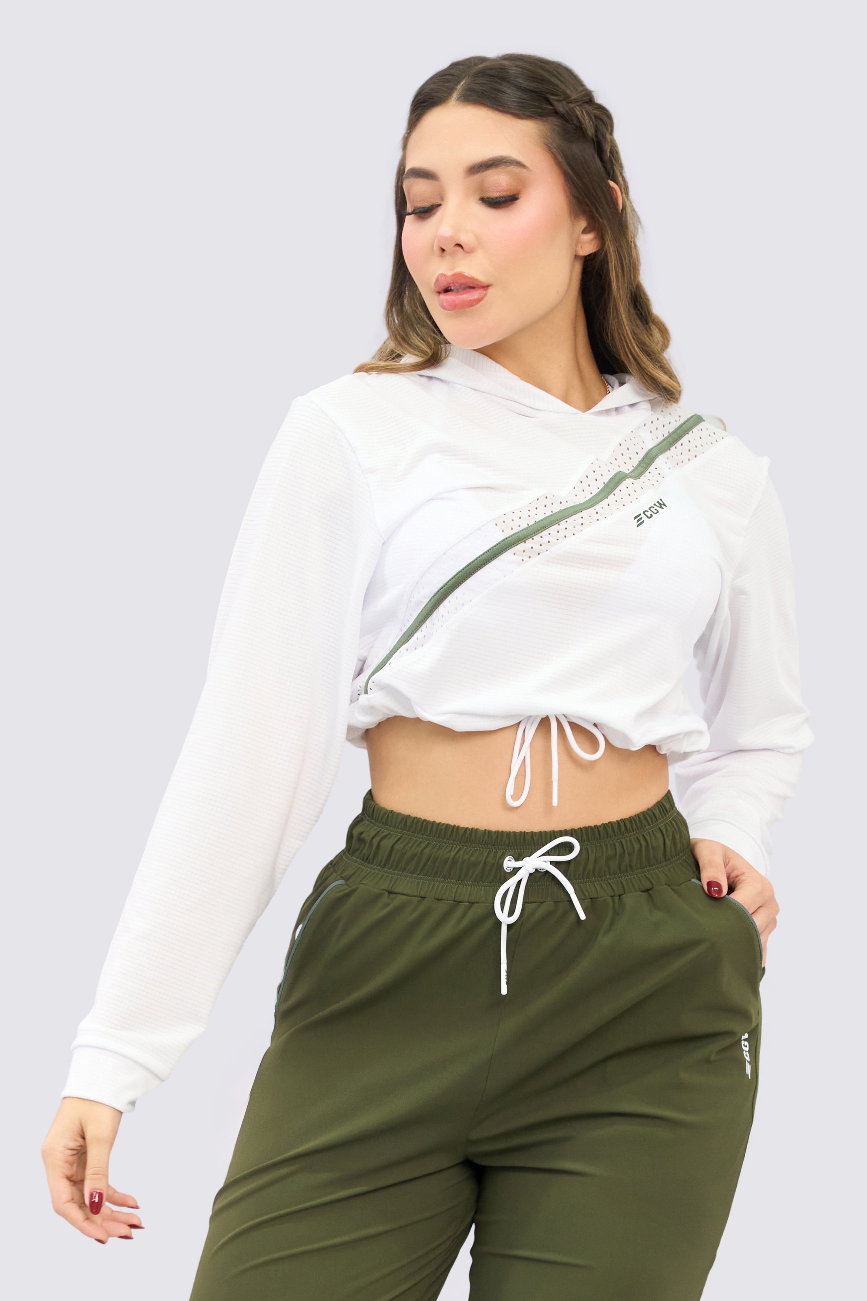 White sports hoodie with drawstring waist and hood. Perfect for any occasion.