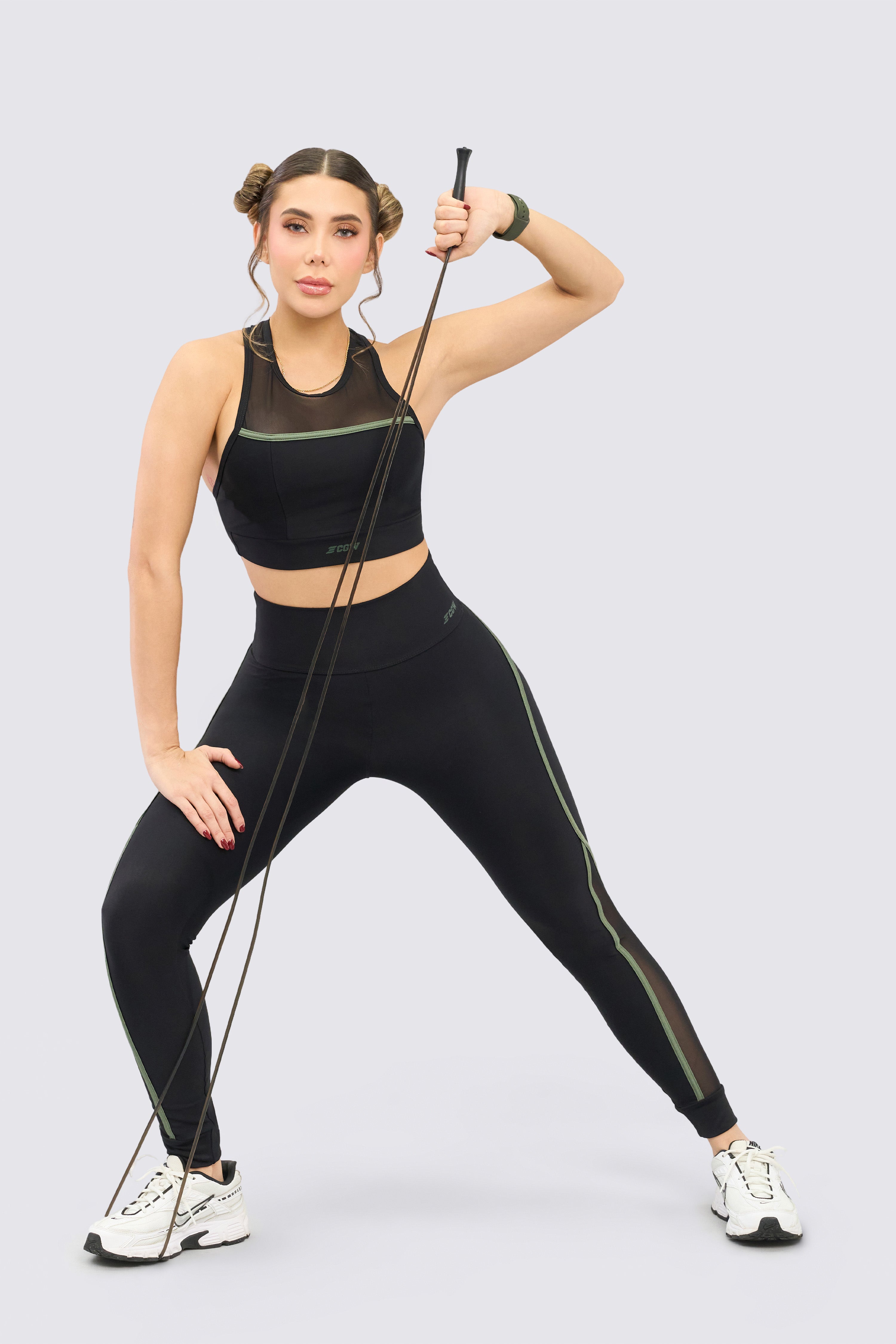 CGW Black & Green Mesh Leggings – High-Waisted Performance Fit