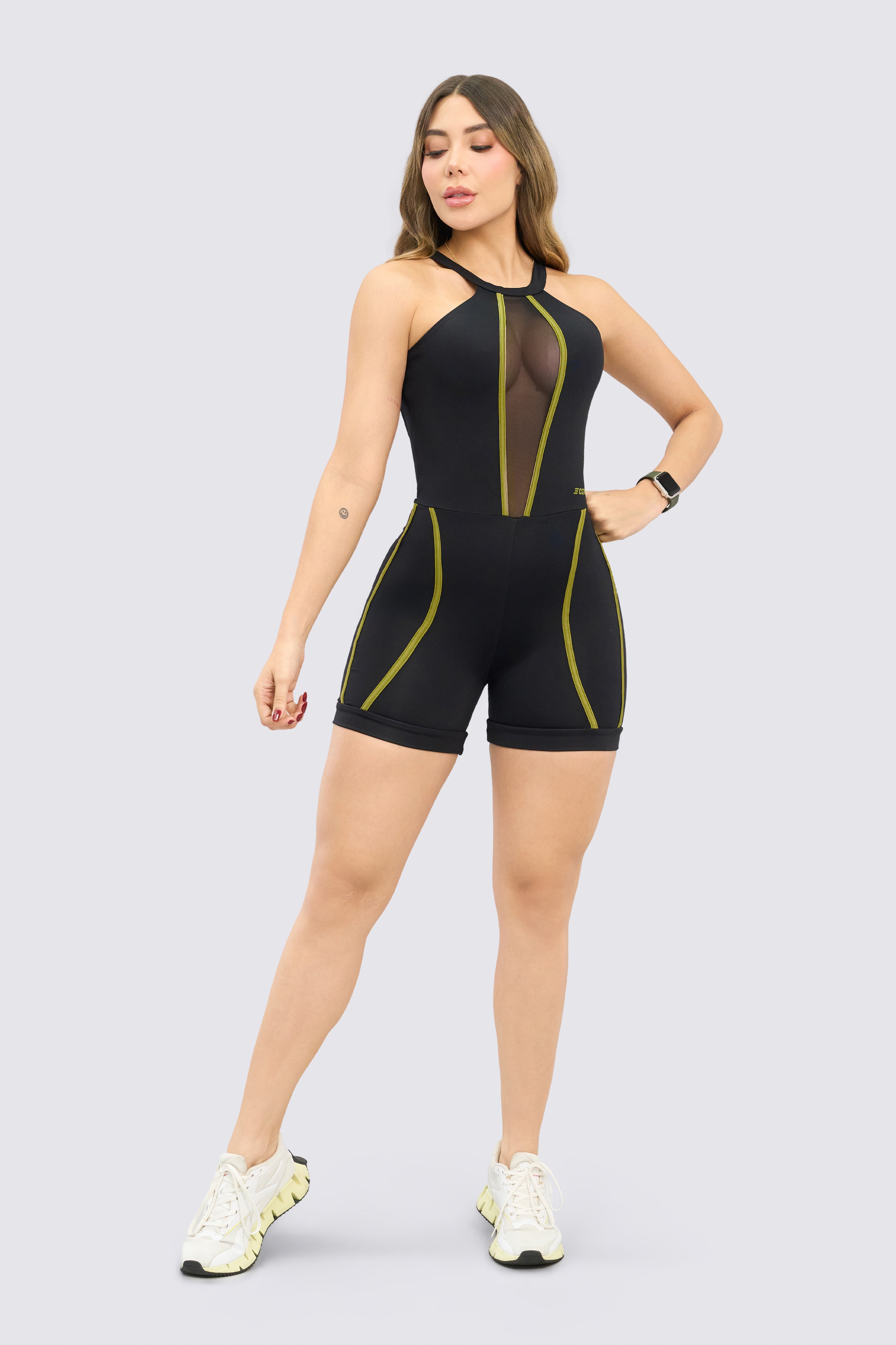 Black Athleisure Mesh Bodysuit – Bold Contrast Edition