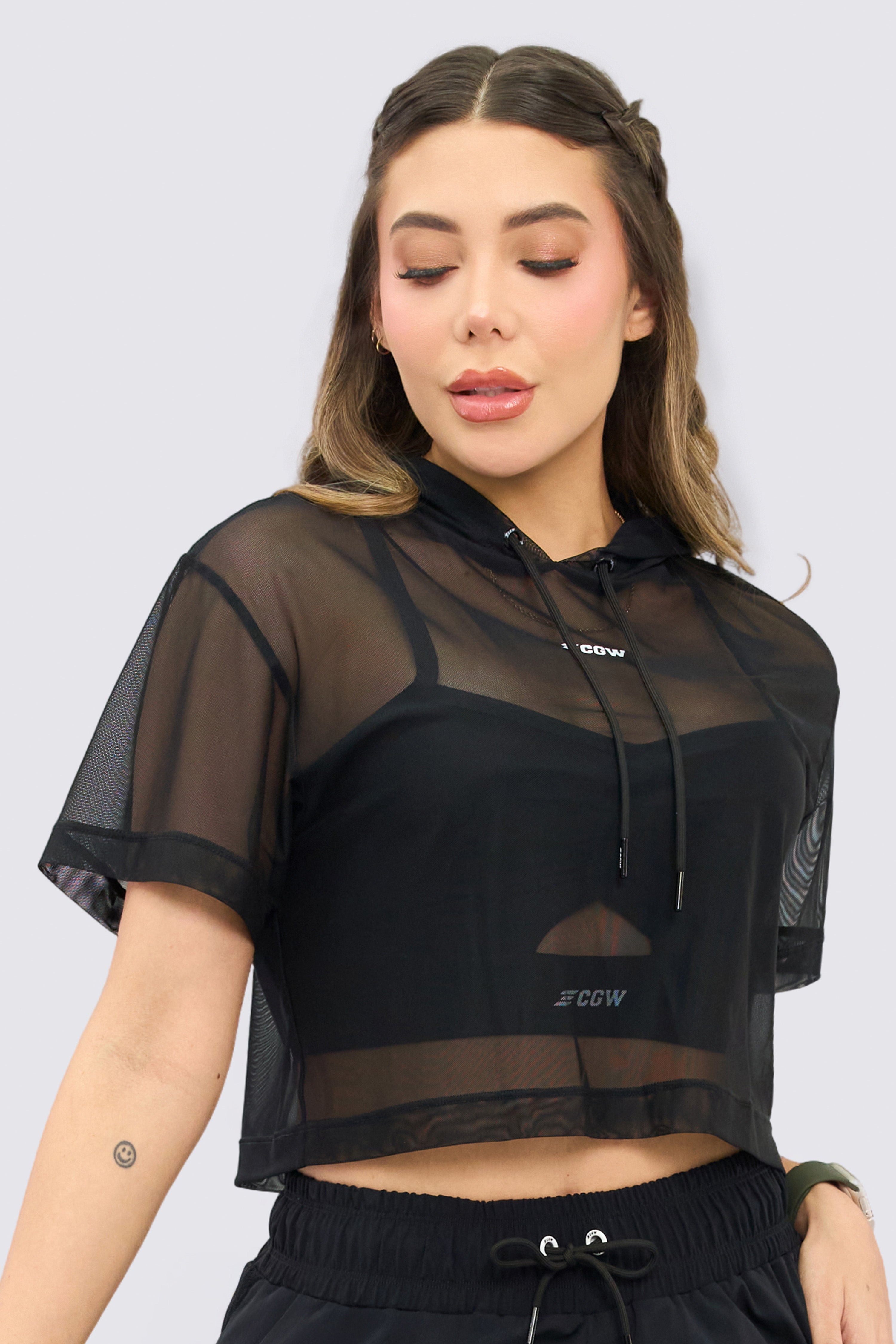 CGW Black Mesh Crop Hoodie