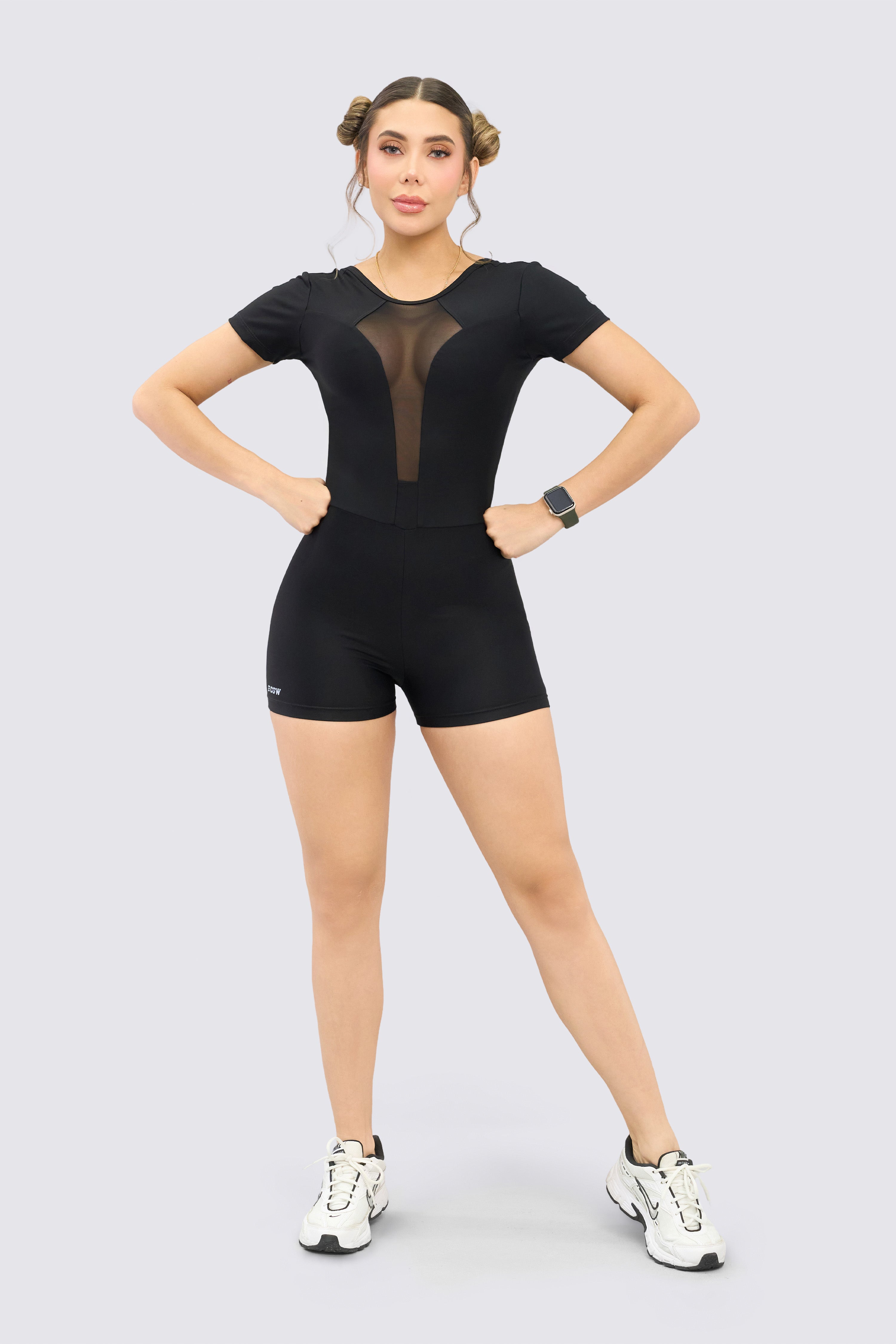 CGW Black Mesh Jumpsuit – Open Back & Short Sleeve Design