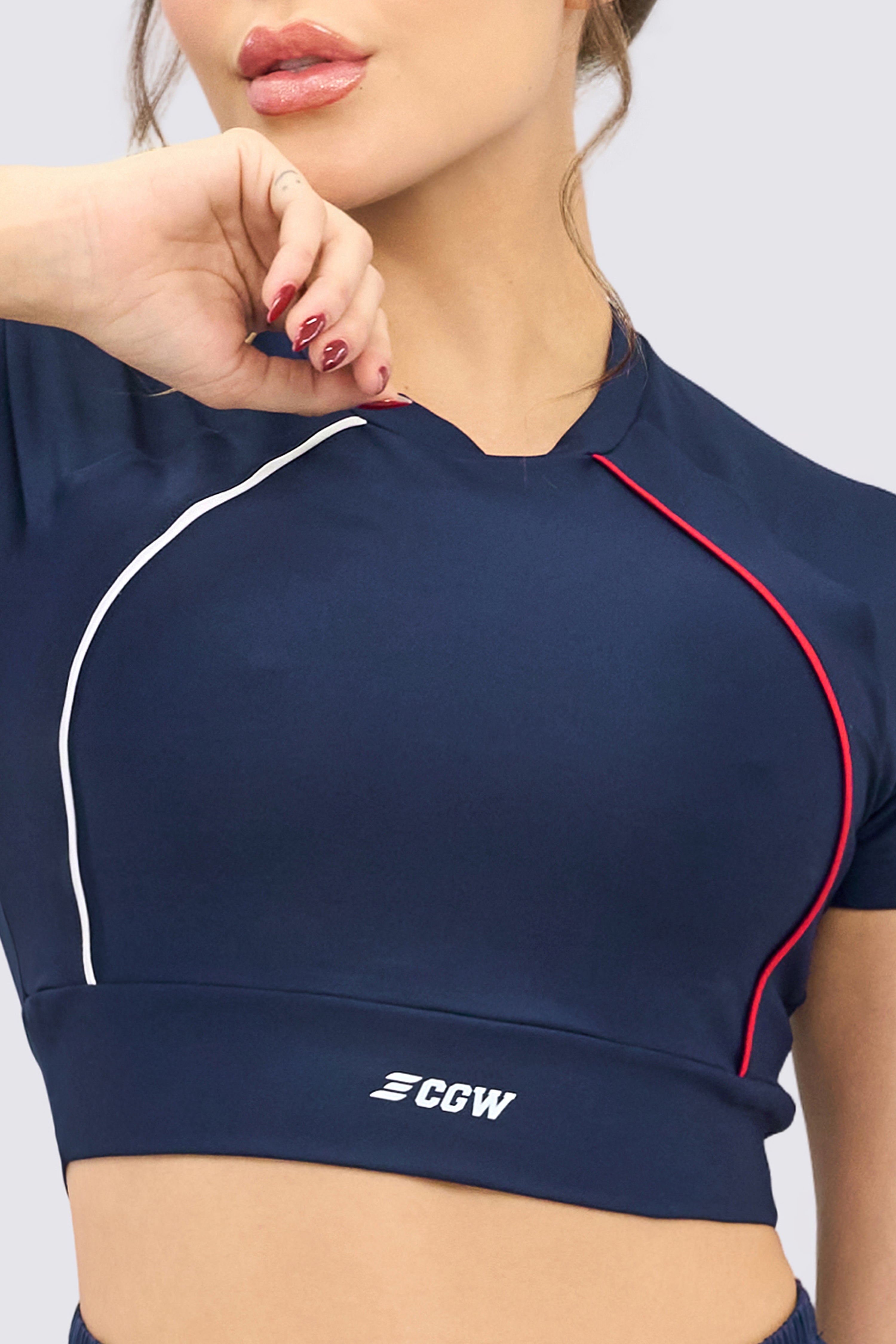 CGW Navy Blue Sports Crop Top with White Piping