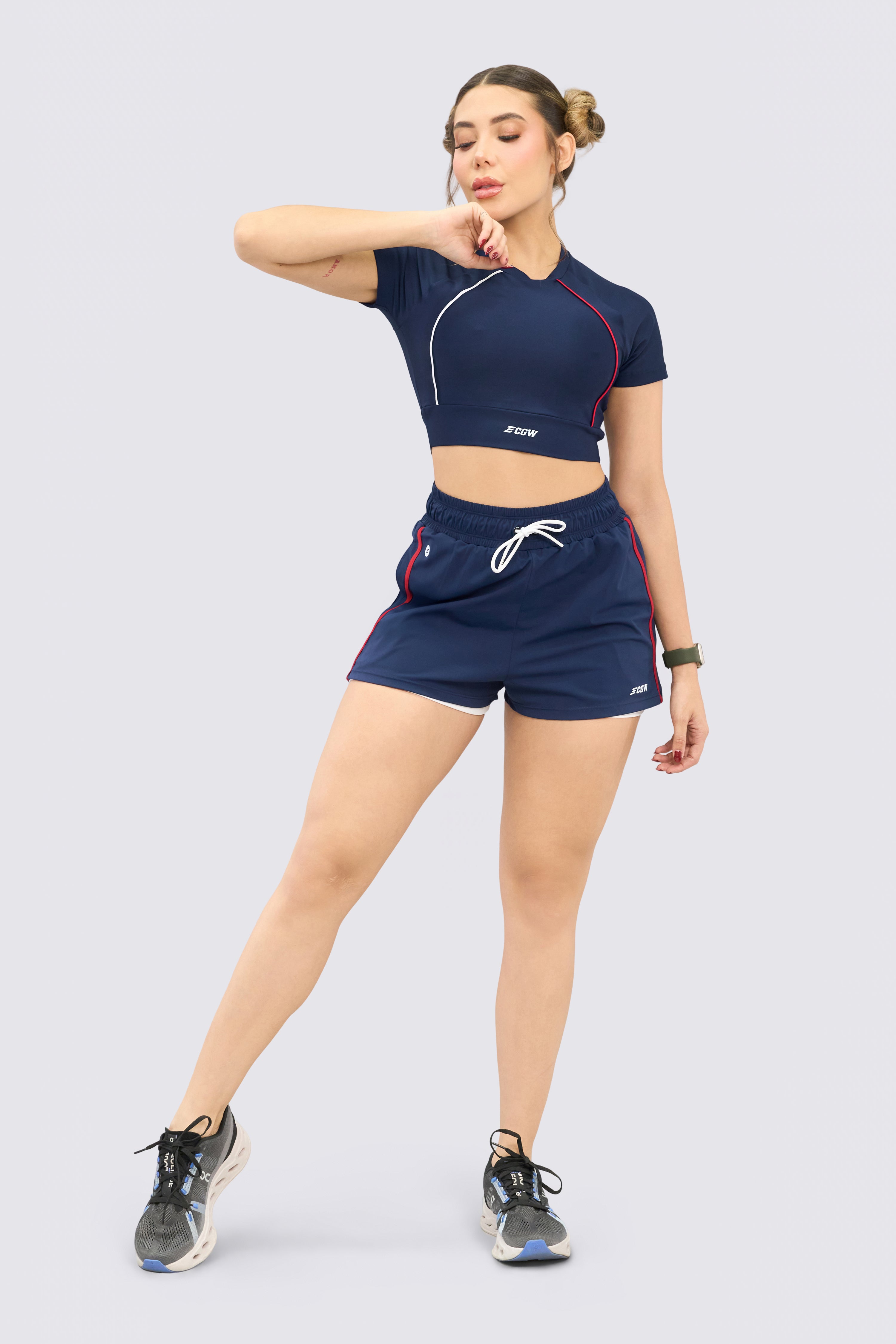 CGW Navy Blue Sports Crop Top with White Piping