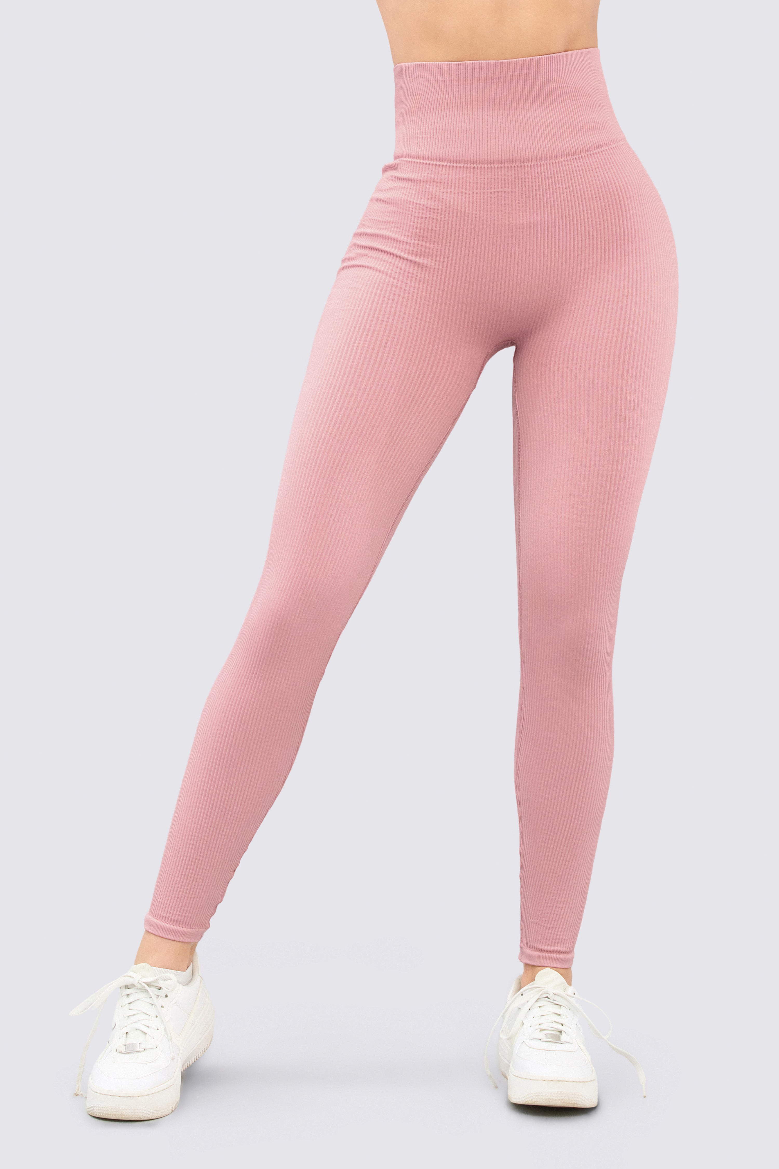 Seamless leggings with ribbed fabric texture, high waist.